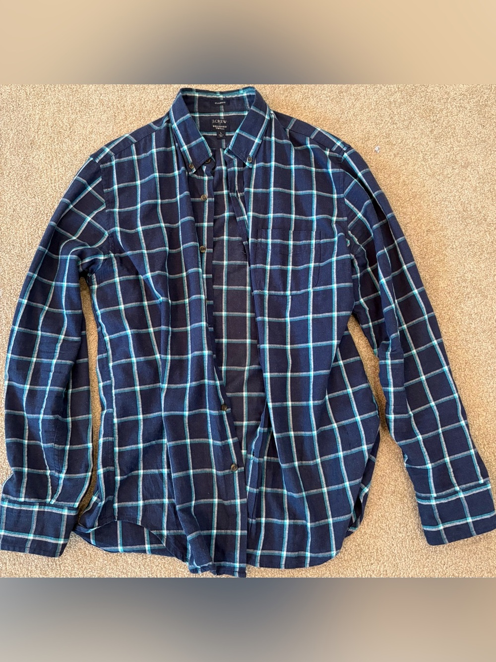 J. Crew Men's Navy Blue Plaid Button-Down Shirt with Light Blue Checks